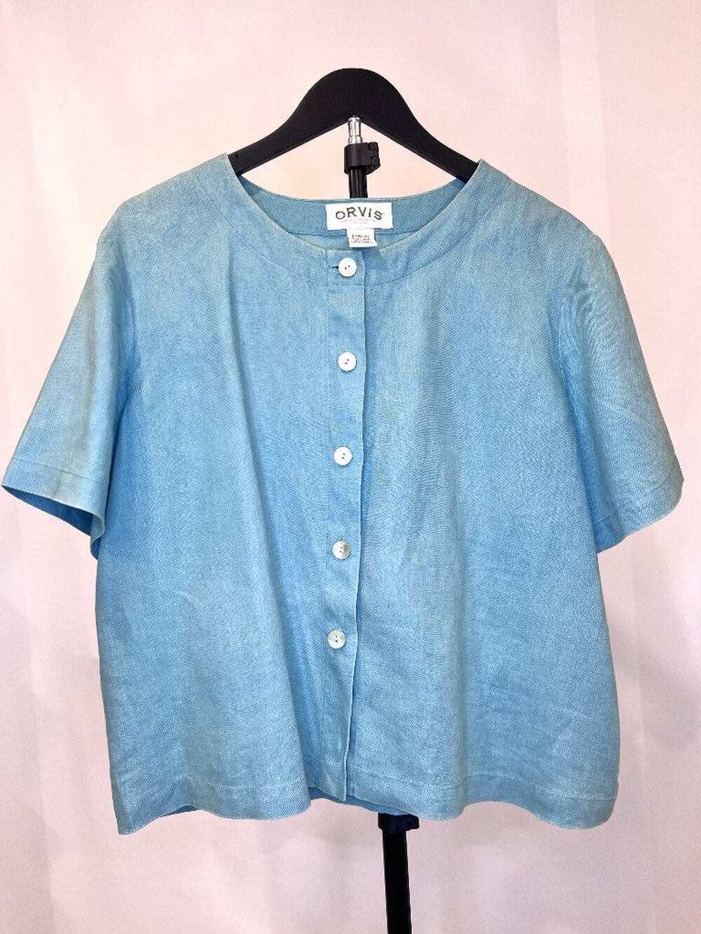 'Orvis' 100% Linen Light Blue Short Sleeve Button Front Shirt - Size L (14/16)